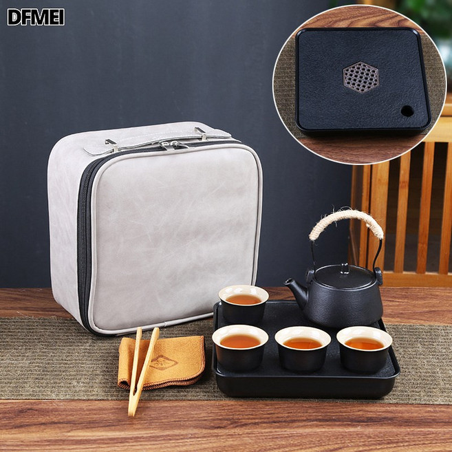 DFMEI 旅行茶具套裝便攜式一壺四杯露營陶瓷高檔泡茶壺茶杯商務伴手禮品, 提樑壺一壺4杯皮包(灰)+正方茶盤, 參考詳情, 1個