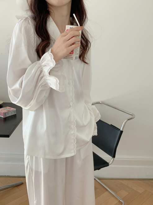 봄날의꽃 긴팔 실키 화이트 레이스 상하세트 잠옷 홈웨어