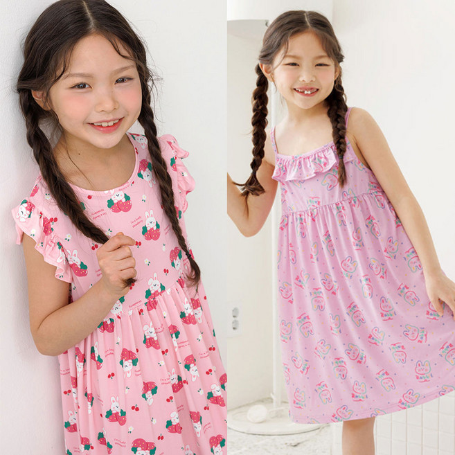 아동 여아 잠옷 실내복 원피스 프릴 끈 2종 러블리딸기+러브래빗