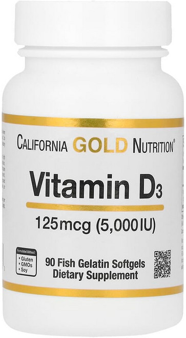 California Gold Nutrition 비타민D3 125mcg(5000IU) 피쉬 젤라틴 소프트젤 90정 CGN-01065, 1개