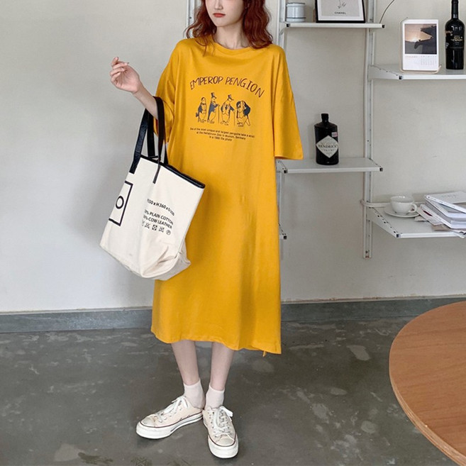 부엉구구 OW0107A 여성 캐주얼 빅사이즈 루즈핏 반팔 티셔츠 롱 원피스