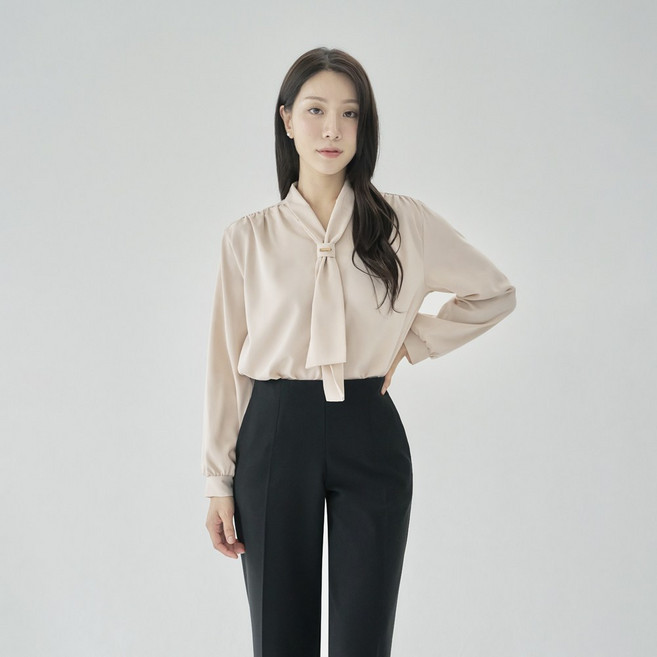 더웨이나인 여성 타이 블라우스 쉬폰 긴팔 리본 프릴 브라우스 모미