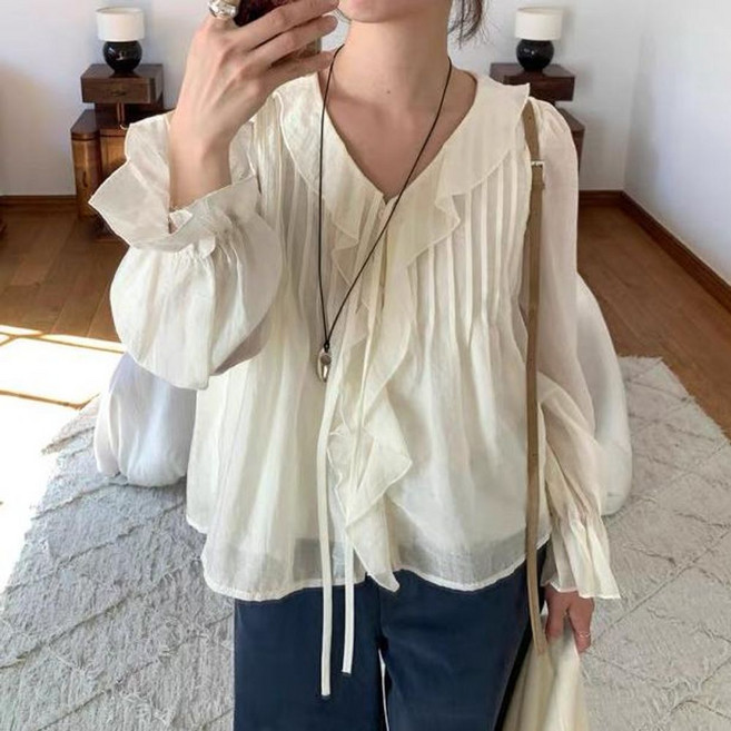 핏몬 여성 브이넥 프릴 로맨틱 쉬폰 봄 여름 블라우스