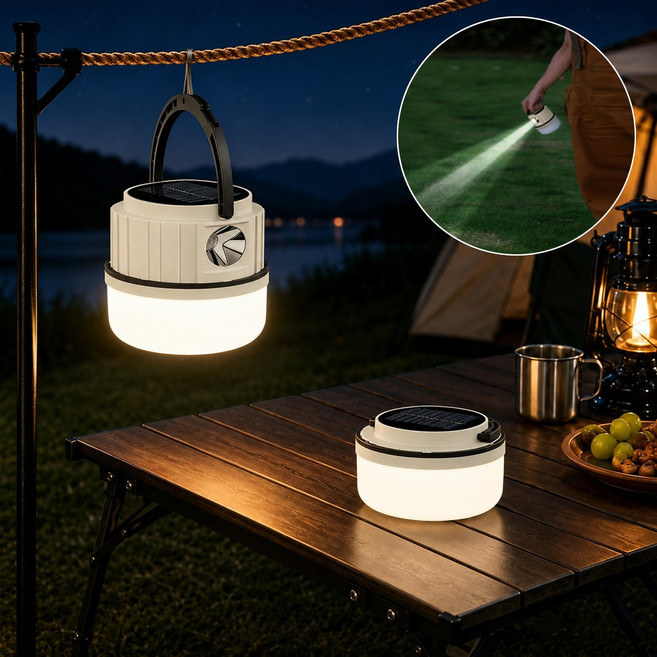 Keebright 충전식 캠핑랜턴 3000mAh 7단 조명 LED 메인등 측면등 태양광 보조충전 C타입 보조배터리 기능 차박 비상조명, 1개, 베이지