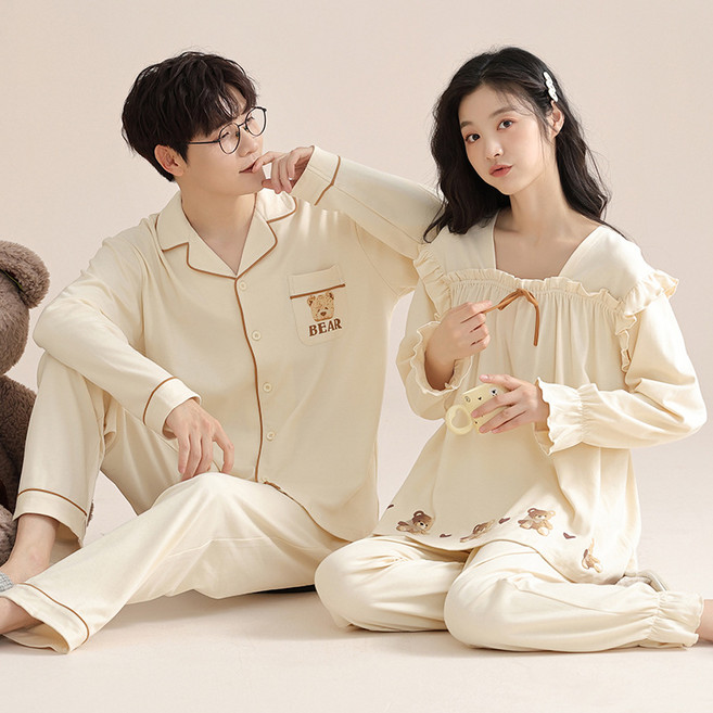 러빙유 귀여운 커플잠옷 알콩달콩 곰돌이 레이스 긴팔 홈웨어 상하세트 신혼부부