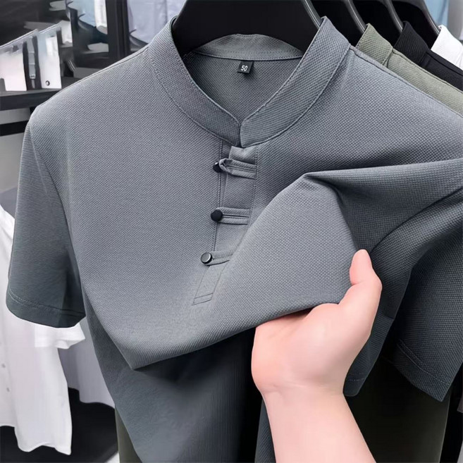 AREVI여름 중년 남성 반팔 티셔츠 일상 캐주얼 입칼라 빅 사이즈 통기성 상의