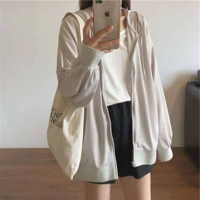 해피유통 여성 봄여름 통기성 자외선 차단 루즈핏 얇은 카디건 상의 후드 집업 아우터 why dxn