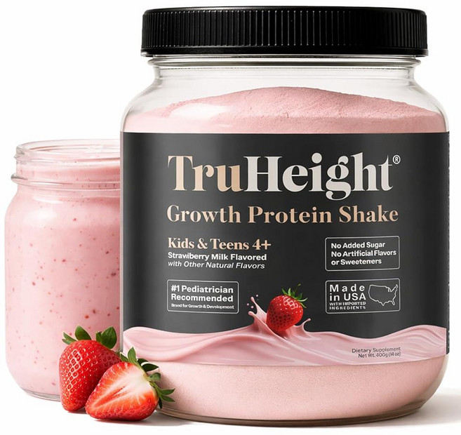 TruHeight Growth 단백질 쉐이크 (딸기 우유 맛 유청) 어린이 및 청소년용 성장 및 발달 단백질 파우더 - 체중 증가 음료 - 소아과 의사가 까다로운 먹는 비, TruHeight Growth 단백질 쉐이크 (딸기 우, 1개