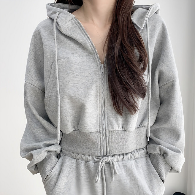 매드문 여성용 크롭 무지 후드 집업