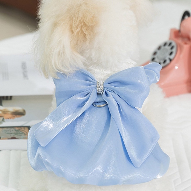숑숑펫 새틴 레이스 라인 공주 리본 애완동물 원피스, 1개, 블루
