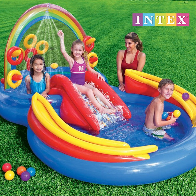 인텍스 57453 키즈 물놀이 풀장 레인보우 슬라이드 분수 플레이센터 어린이 대형 에어풀 여름 놀이터, 1개