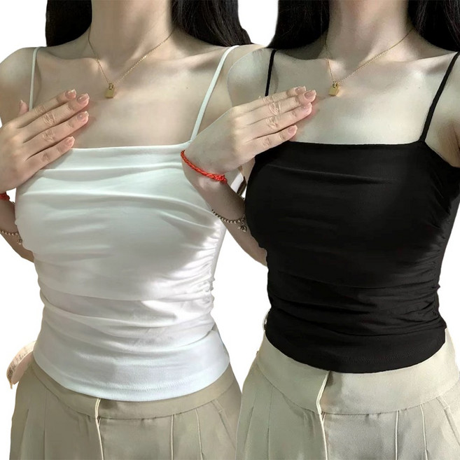 젬버트 여성 순면 슬림핏 레이어드 캡내장 셔링 끈나시 2장세트