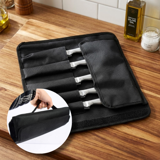 딜헤이븐 휴대용 천 칼가방 조리도구가방 칼꽂이 칼 보관함, 1개, 블랙