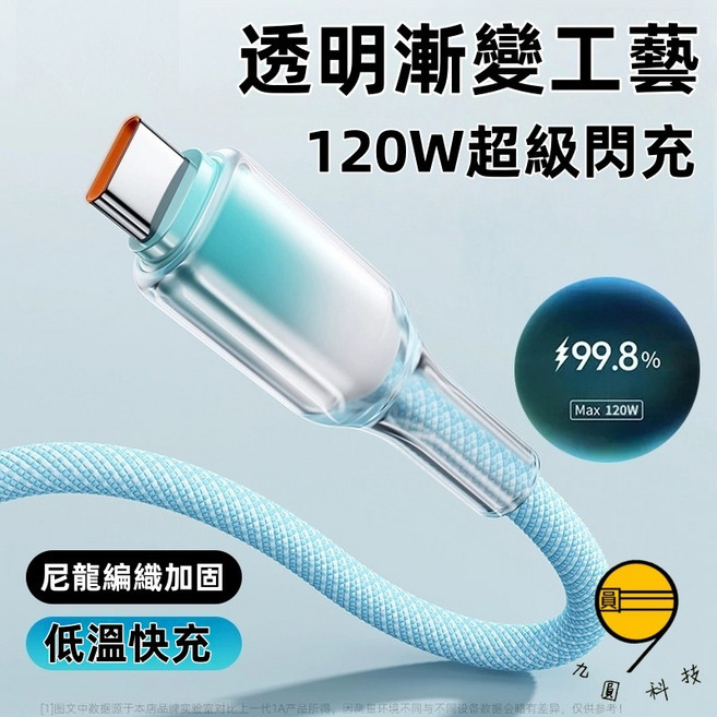 九圓科技自動收納四合一100W快充線, 冰晶線-雙Typec接口-藍色-2米, 1個