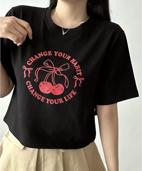 비토샵 여성용 체리 프린팅 크롭 반팔티 루즈핏 데일리티