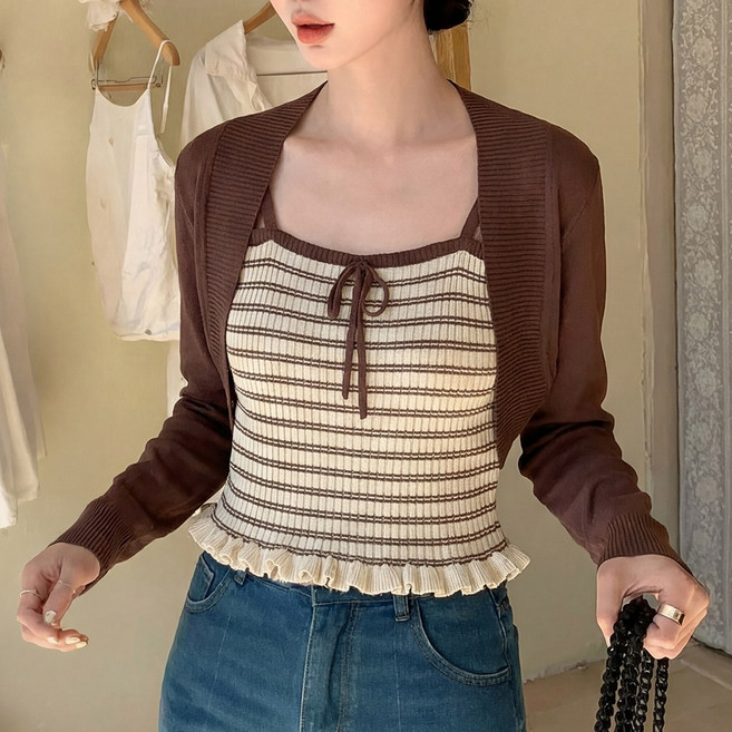 SOSISI 여성 긴팔 스트라이프 나시 무지 가디건 볼레로 세트 20300