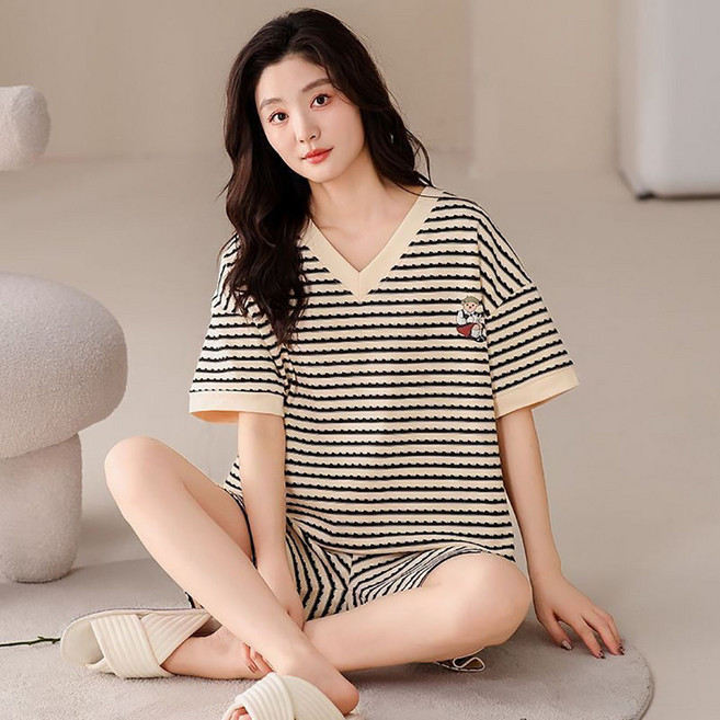 100%순면 여성 여름용 스트라이프 잠옷 세트 반팔 반바지 홈웨어 한판 외출용 세트 ZK4425