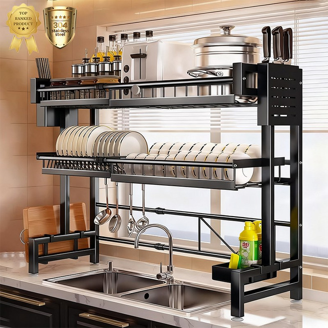 방일 기둥식 싱크 선반 폭조절 가능 식기건조대, 1개, 블랙, 2단