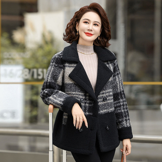 AOKADA 여성 가을 겨울 루즈핏 카라 체크 트위드 점퍼 하프 코트 아우터