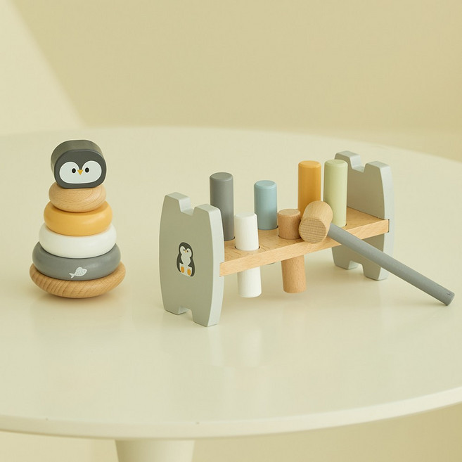 폴라비 아기 링쌓기 망치놀이 세트 원목 장난감 12개월 13개월 선물, 펭귄, 1개