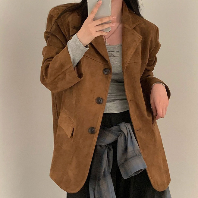 FANSYLI 여성정장자켓 캐주얼 오버핏 하프 스웨이드 정장 재킷 블레이저 봄 가을 클랙식 코트 오피스룩 1229JLL3174