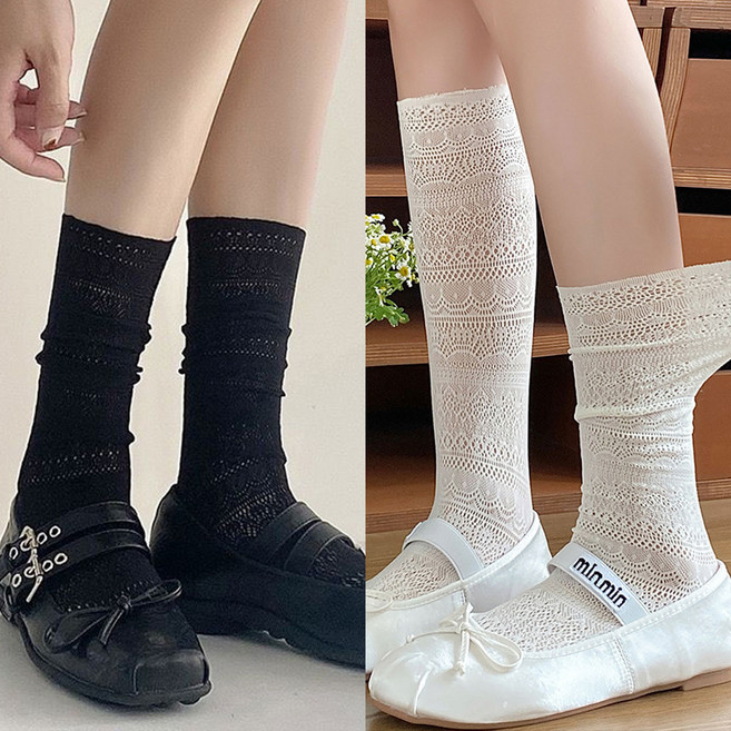 모먼트린 여성 시스루 레이스 롱양말 망사 블랙 화이트 2종 세트