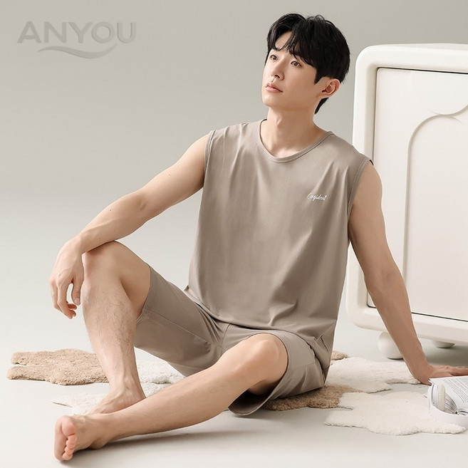 모달 파자마 남성 여름 민소매 캐주얼 홈웨어 세트