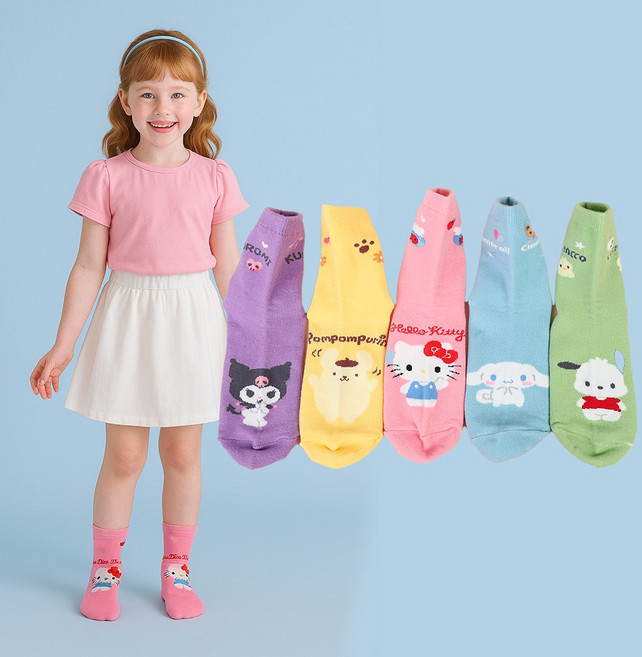 코지24 국산 정품 산리오 친구들 아동 양말 혼합 5족 쿠로미 시나모롤 포차코 폼폼푸린 헬로키티 키즈 여아 어린이 유아 초등 캐릭터 예쁜 중목 양말 어린이 조카 선물