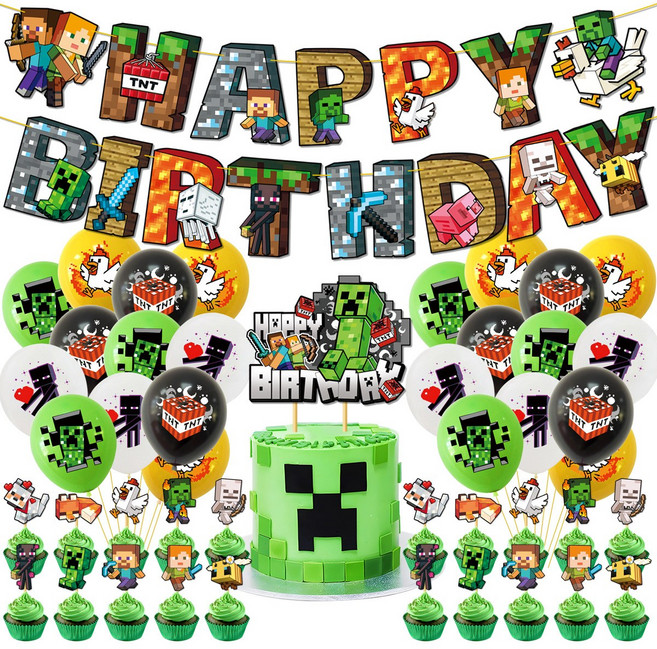 생일파티 용품 마인크래프트 파티풍선 세트 마크 생일 가랜드 생일풍선 생일파티, 1개, MC 테마