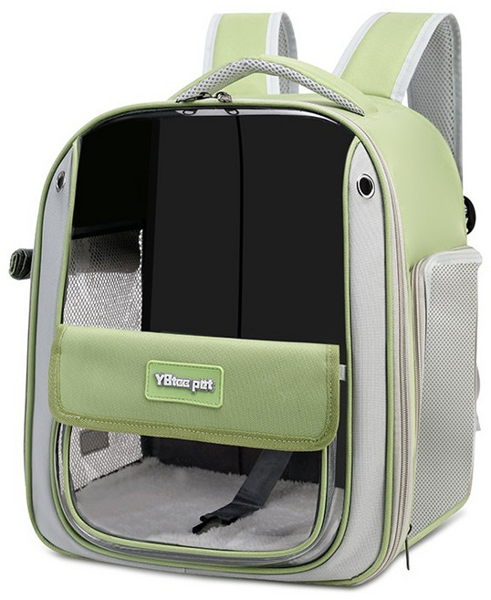 대용량 통풍 강아지&고양이 배낭 접이식 캠핑 백팩 | 전면 투명창 반려동물 이동장 측면 롤업 도어 간식 주머니 경량 휴대용, 1개, 초록색