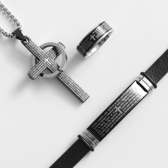 [당일출고] 써지컬스틸 주기도문 블랙 소가죽 팔찌