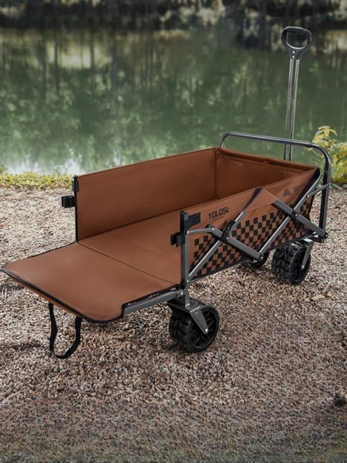 접이식 캠핑 카트 대형 테이블 광폭타이어 아웃도어 캐리어 트롤리 확장형 야외 다용도 짐수레 폴딩 웨건 대용량, 브라운 탱크 휠 후면 개방형+합금 테이블, 1개