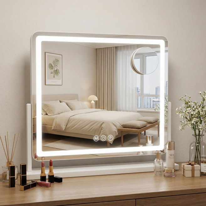 안토크 LED 메이크업 거울 스마트 원터치 360도 화전 3컬러 100단 조명 화장대거울 탁상거울 충전식 USB 가능