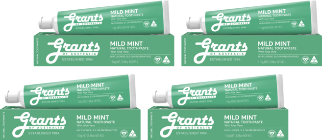 그란츠 무불소치약 마일트민트 위드 알로에베라맛 내추럴치약, 그란츠 마일드 민트 안티프라그 자일리톨 네추럴 무불소, 4개, 110ml