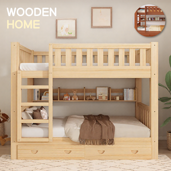 우든홈 원목 2층 침대 이층 계단 수납 성인 사다리 나무 프레임 튼튼한 안전한 기숙사, 원목+매트리스