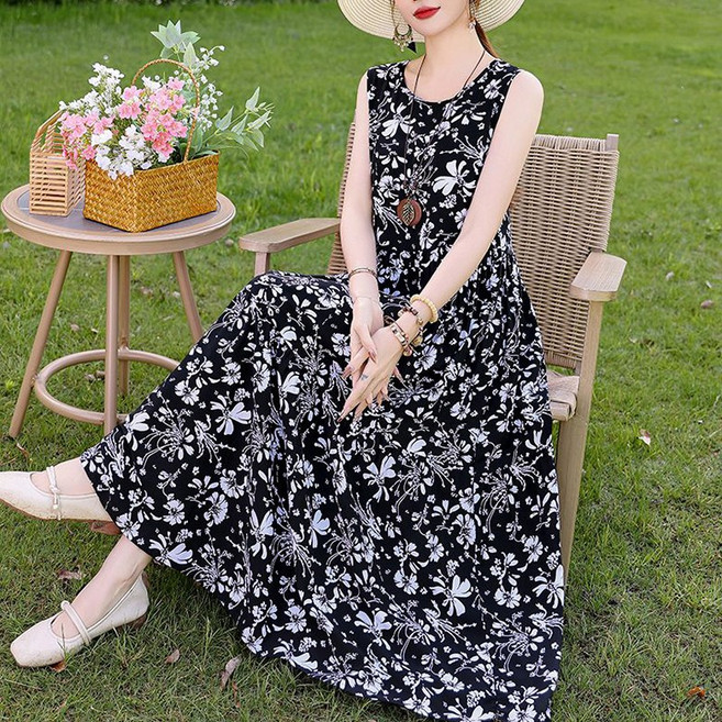 POMTOR 중년 여름용 면 민소매 A라인 나시 롱스커트 롱 원피스 슬림핏 라운드넥 시원한소재 엄마옷