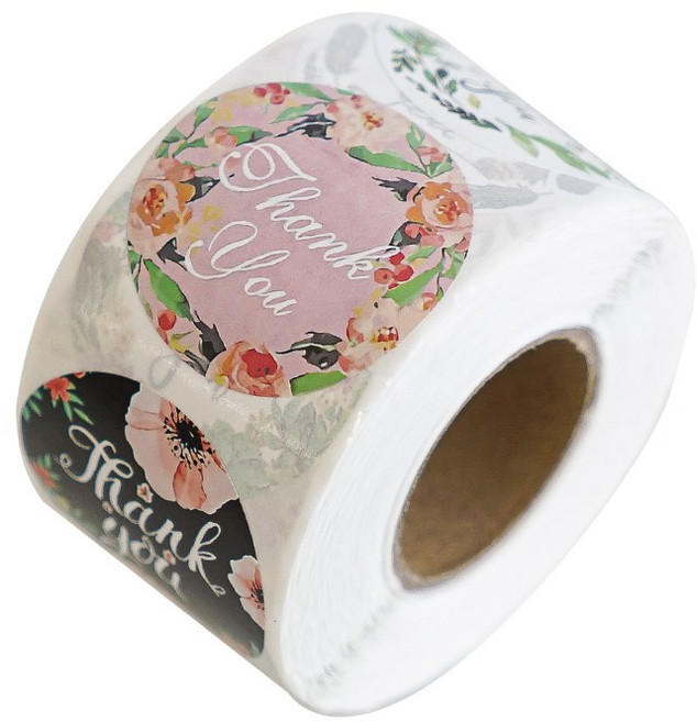 디어플레이스 포장 데코 롤 스티커 500매 17종, 1롤, V-4_땡큐 빈티지 플라워 원형 x 3.8cm