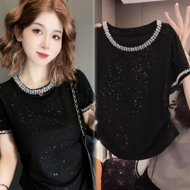 ROYALBELLE 여성 반짝이 얇은 반팔 티셔츠 패션 큐빅 장식 라운드넥 티셔츠 Z01030525