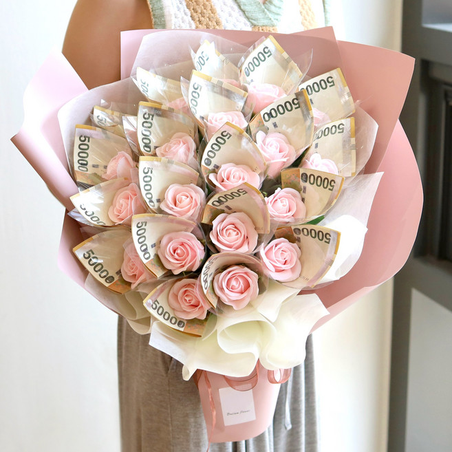 바시움플라워 돈꽃다발 장미 비누꽃 돈다발 용돈박스 20송이, 핑크, 1개