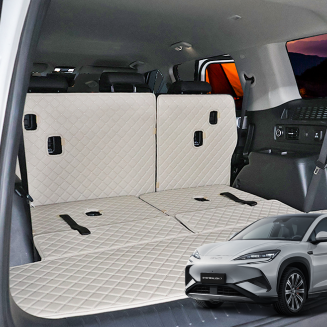 BYD 씨라이언7 트렁크매트 25년9월 차박 등받이포함 퀼팅, 트렁크 바닥매트, 블랙&블랙스티치, BYD 씨라이언7 (25년9월~)