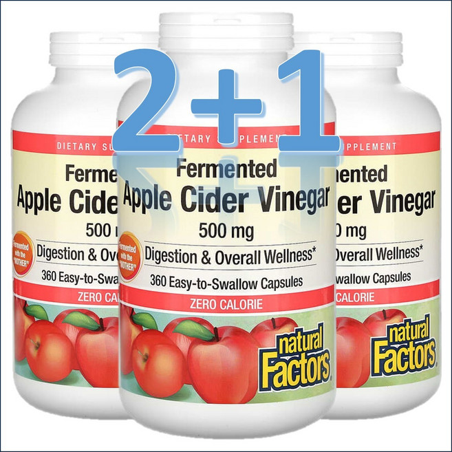 Natural Factors 내추럴 팩터즈 다이제스티브 애플 사이다 식초 Apple Cider Vinegar 500mg, 360정, 3개
