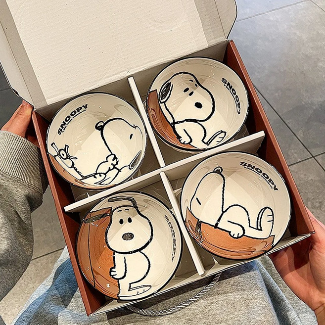 스누피 도자기 공기밥 그릇 세트 4P, 크림화이트, 1세트