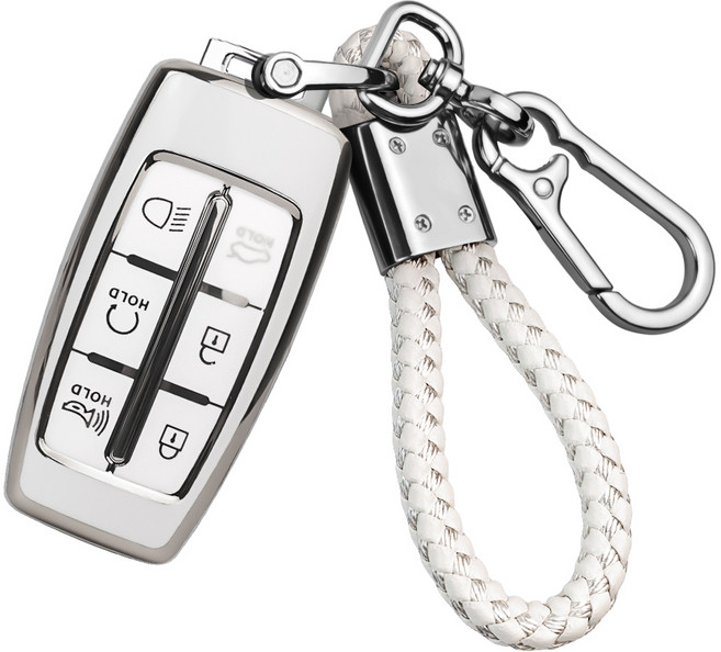 MODACE 제네시스 TPU 소프트젤 자동차키 보호케이스 6버튼/8버튼 + 가죽 메탈 더블 고리 키링, 와 키링, 6버튼 실버 화이트