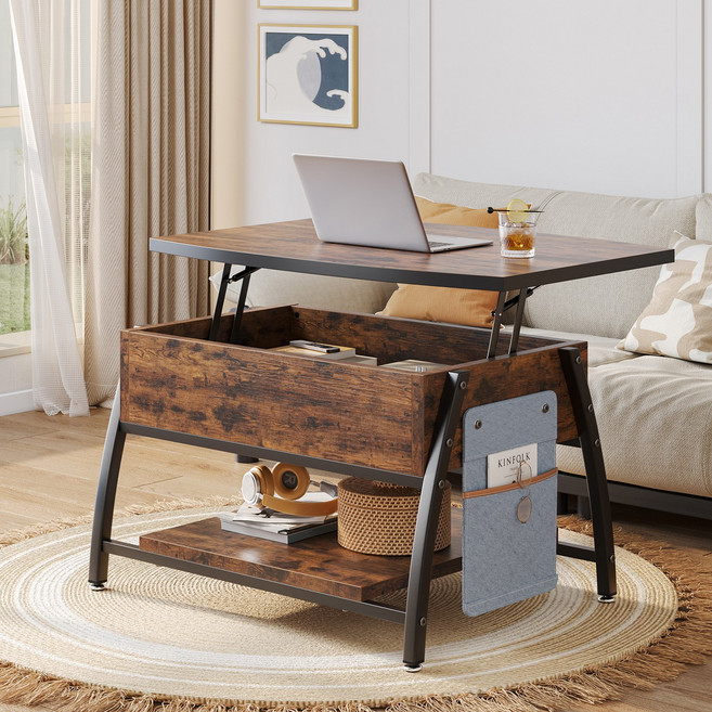 Bestier 미니 리프트업 테이블 780 거실 재택근무 겸용 접이식 원목 소파 테이블, 브라운