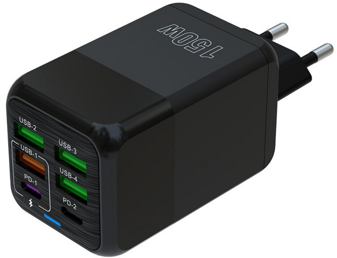 4USB+2PD 6in1 고속충전기 150W, 1개, 블랙