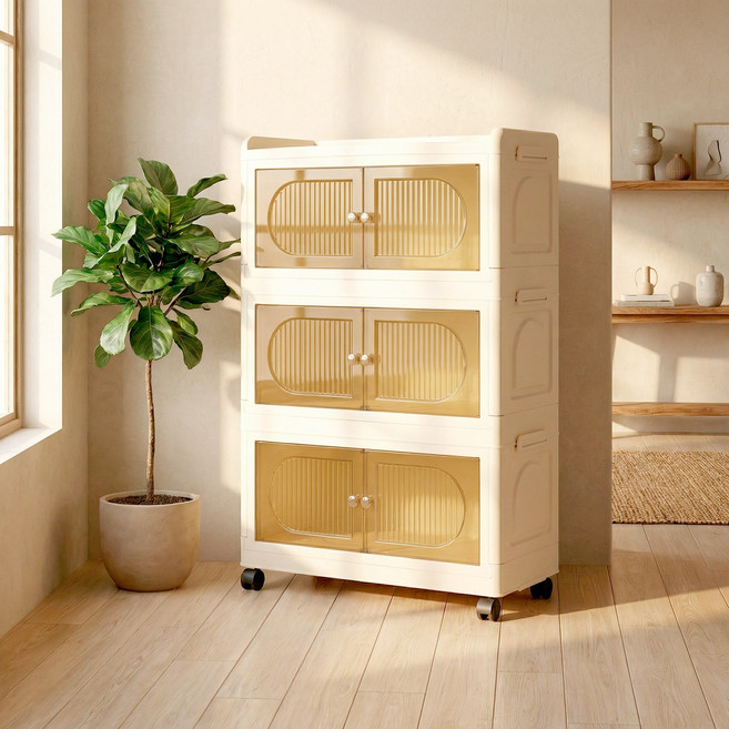 SHE-U 플라스틱 리빙박스 접이식 다용도 이동식 수납장 대용량 정리함 거실 부엌 침실 폴딩박스 3단 4단 5단 수납장, 투명, 3개