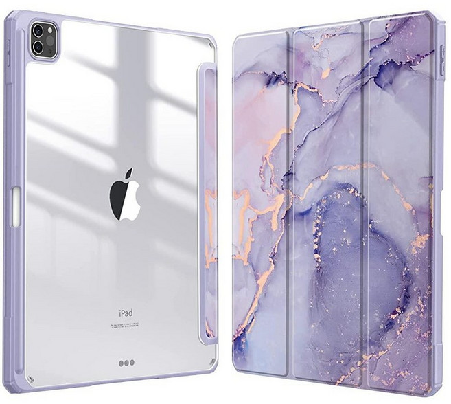 Fintie 하이브리드 슬림 케이스 iPad Pro 12.9인치 5세대 2021용 - [내장 Pencil 홀더] 투명한 뒷면 쉘이 있는 충격 방지 커버 4세대/3세대에도 적, 라일락 대리석