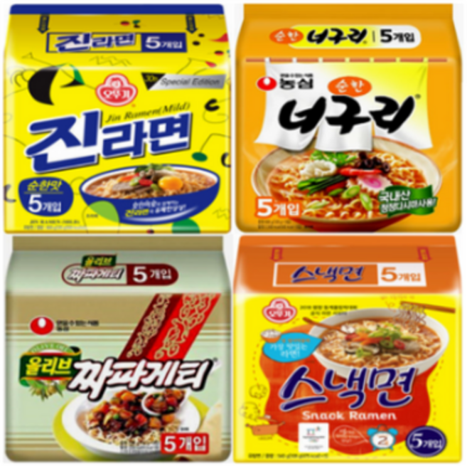 진라면순한맛5개+순한너구리5개+스낵면5개+짜파게티5개, 1개