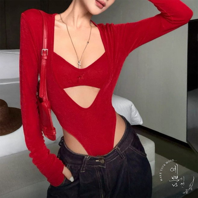 예쁨시전 섹시 바디프로필 댄스 의상 컷아웃 리본 롱슬리브 바디수트