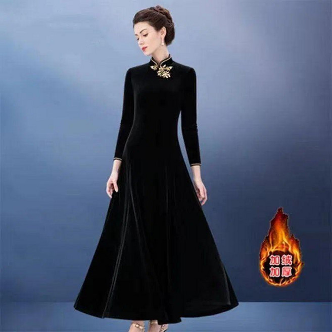 秋冬中國風長款旗袍連衣裙 收腰顯瘦, 黑色全身加絨,4XL 140-150